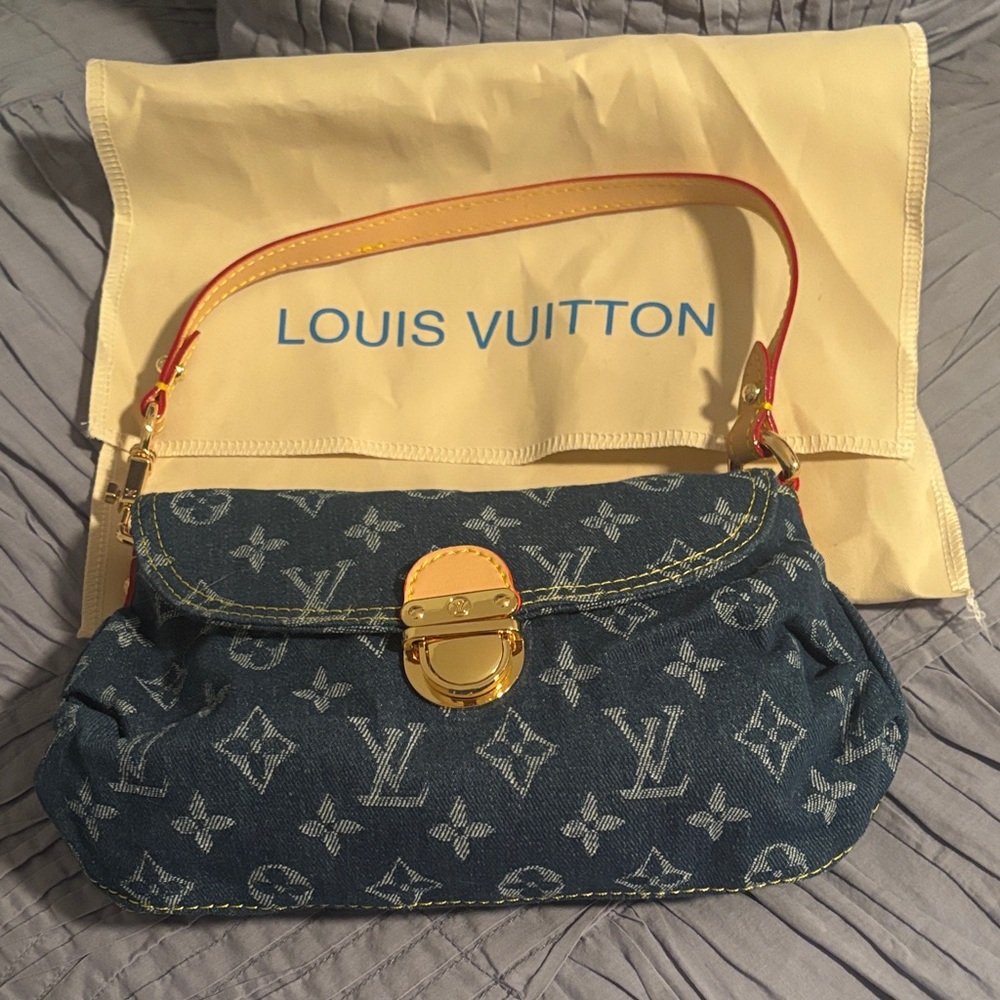 Louis Vuitton Look-Alike Denim Monogram Shoulder Bag with Red-Trim Handle